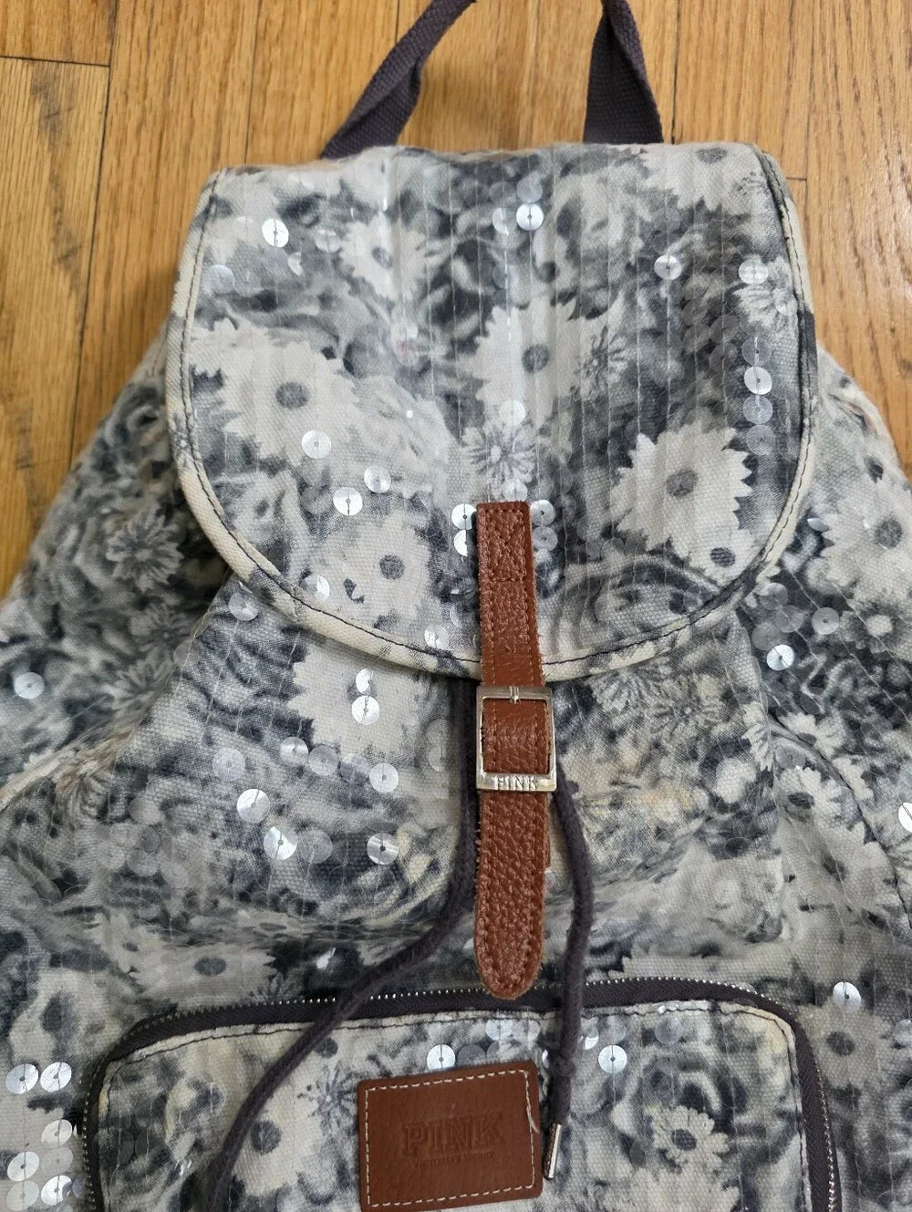 Y2K McBling PINK Victoria's Secret Grey White Floral Backpack Sequin 17x11x5